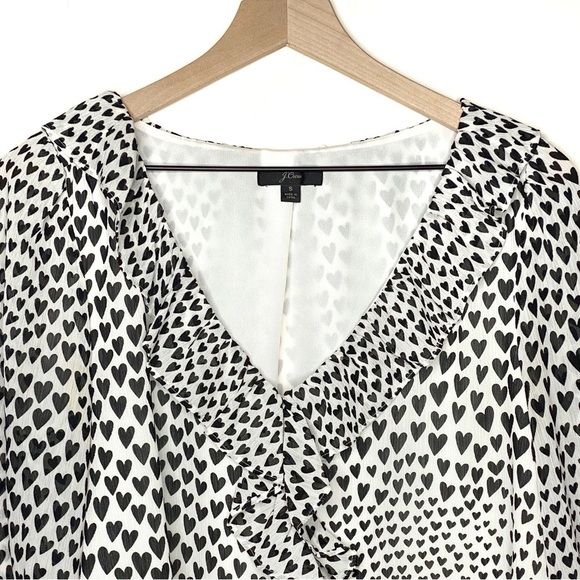 J. Crew Ruffle Heart Print Chiffon Blouse White Black S - Picture 4 of 10